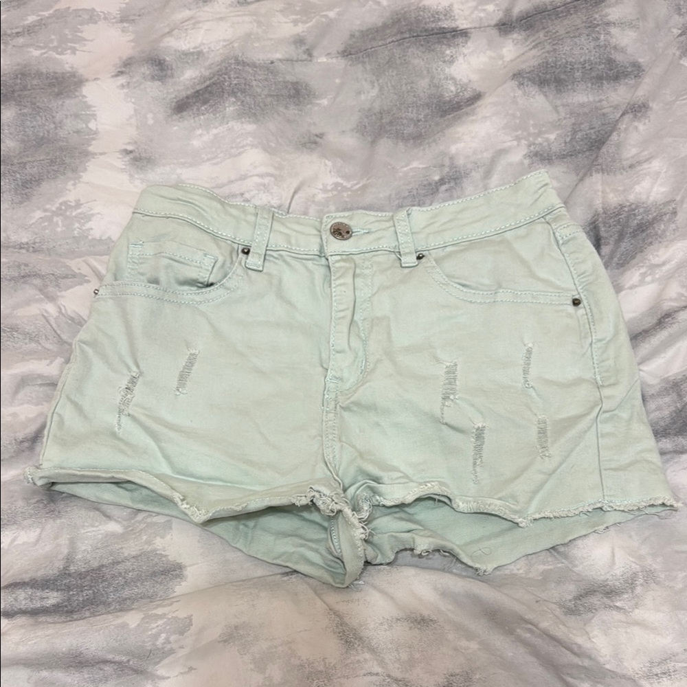 Angel Kiss Green Jean Shorts Distressed Cuffed Hem